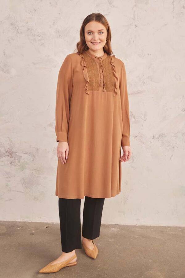 Kahverengi Robası Dantelli Tunik - 5