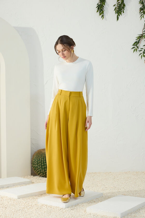 Safran Kemerli Pileli Pantolon Etek - 3