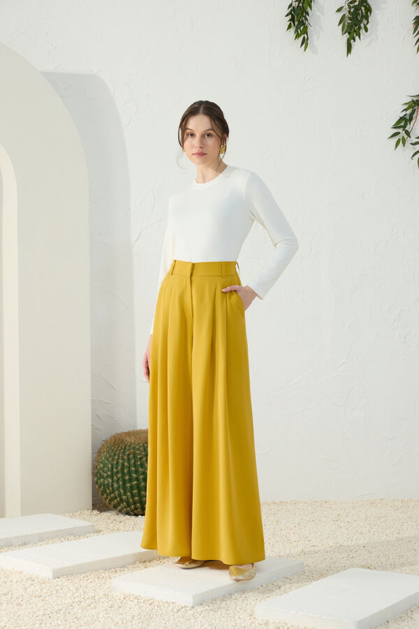 Safran Kemerli Pileli Pantolon Etek - 4