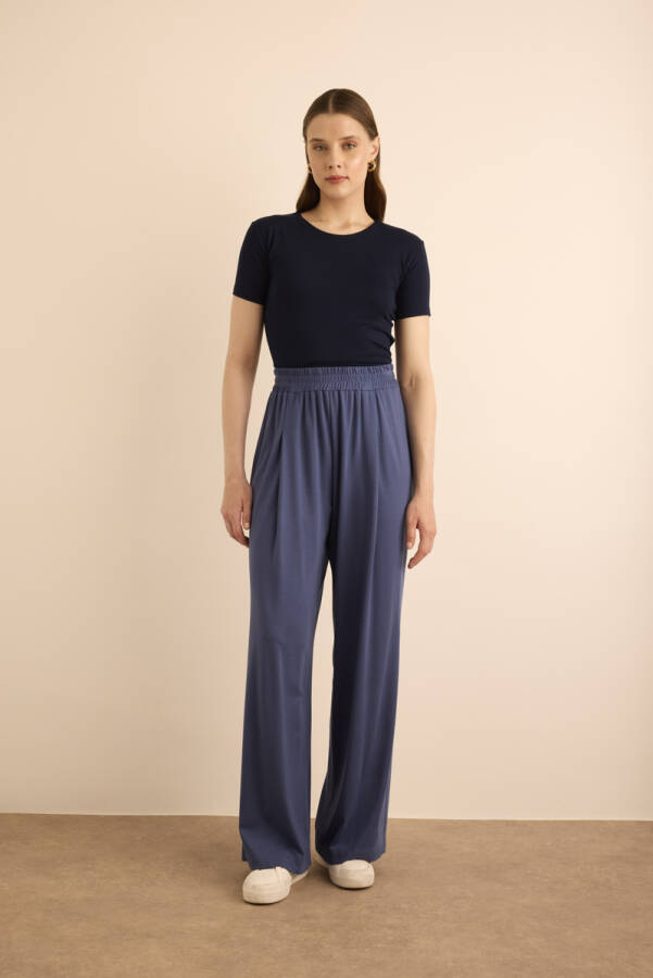 Saks Beli Lastikli Örme Bol Pantolon - 1