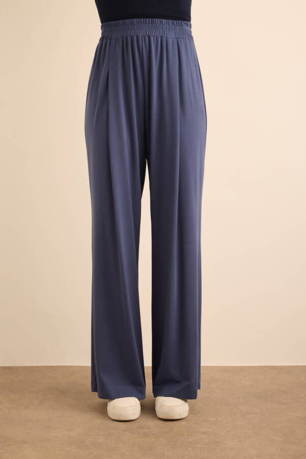 Saks Beli Lastikli Örme Bol Pantolon - 2