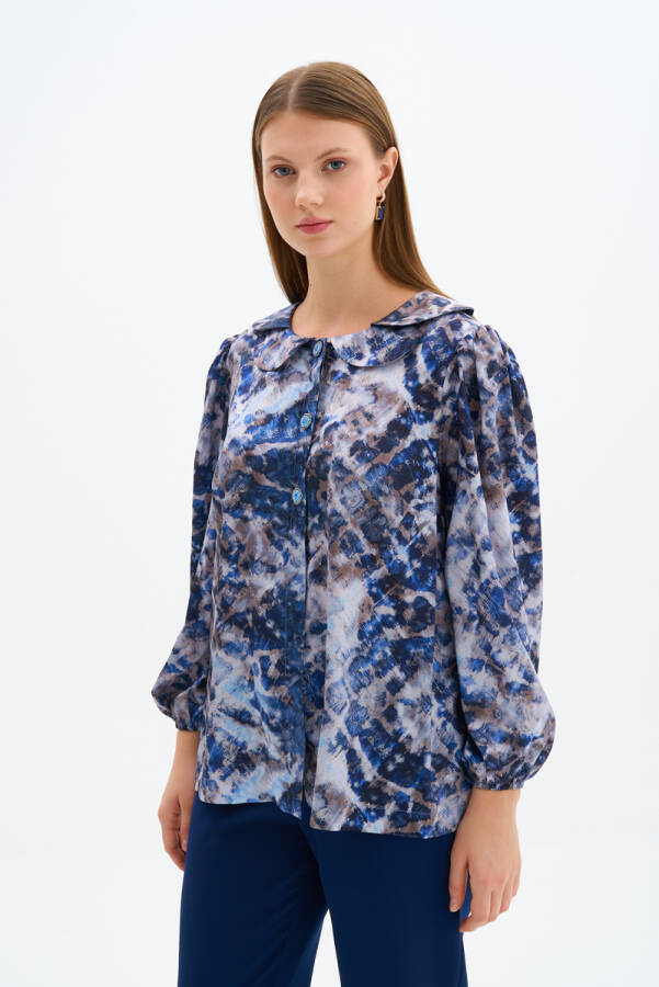 Saks Çift Yaka İşleme Detaylı Bluz - 1