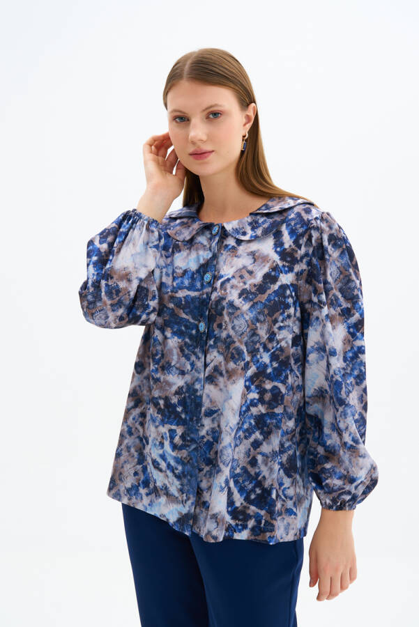 Saks Çift Yaka İşleme Detaylı Bluz - 3