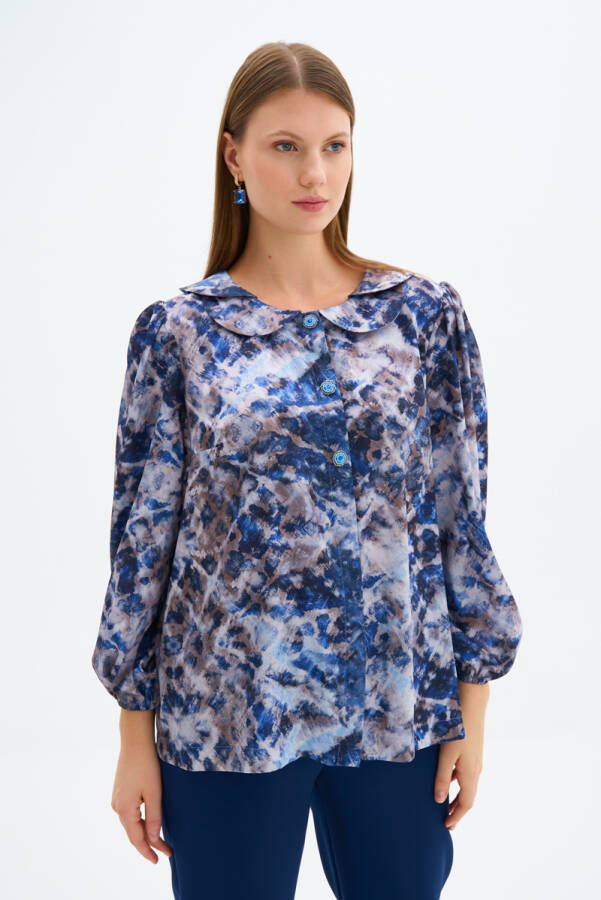 Saks Çift Yaka İşleme Detaylı Bluz - 5