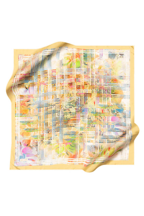 Sarı 90X90 İpek Krep Saten Eşarp - 1