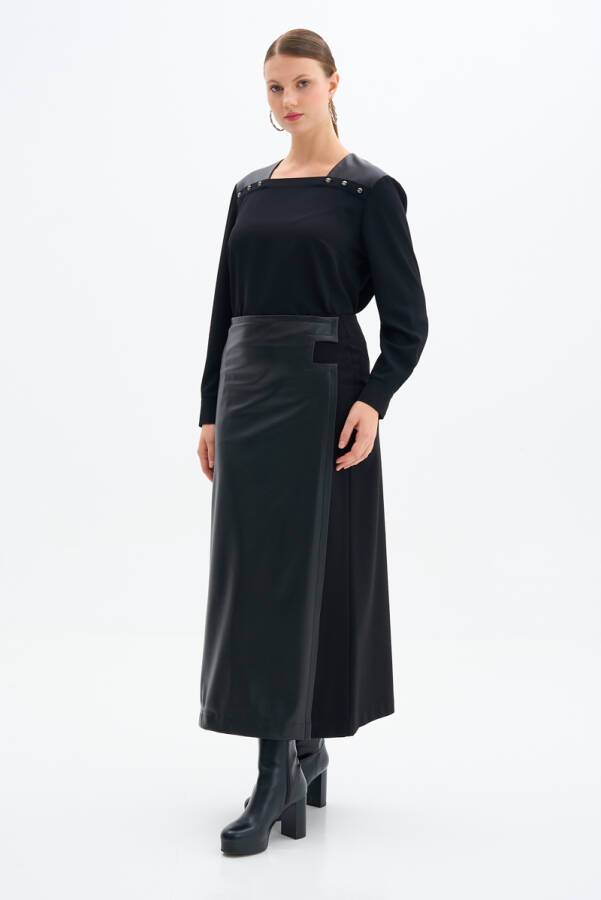 Siyah Deri Garnili Likralı Etek - 2