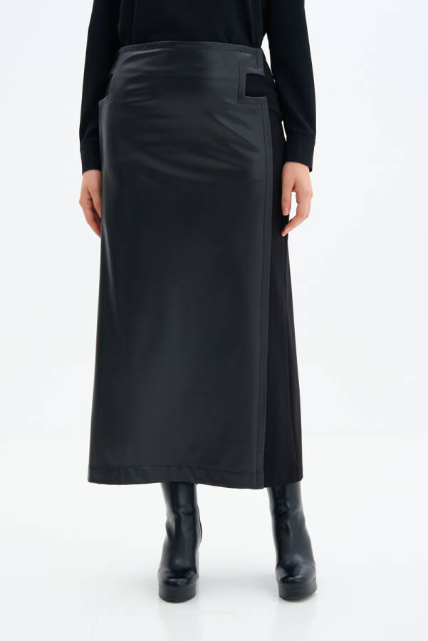 Siyah Deri Garnili Likralı Etek - 4