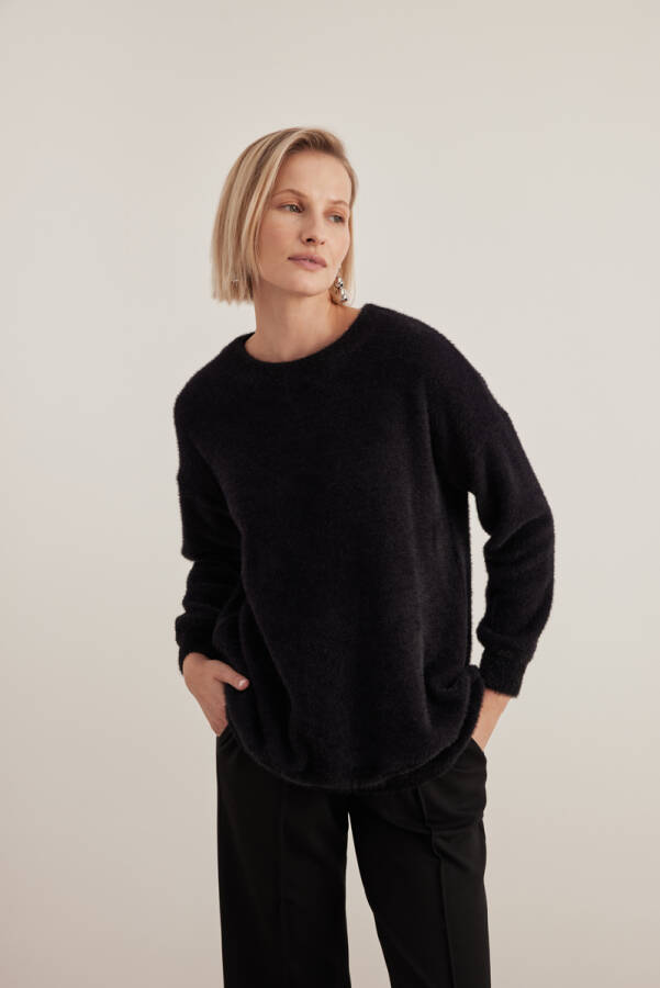 Siyah 15784111 Tüylü Dokulu Örme Tunik - Aker