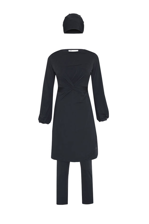 Siyah Beli Büzgü Detaylı Tesettür Mayo - 1