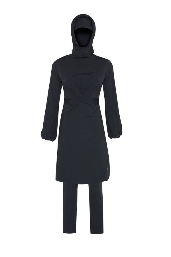 Siyah Beli Büzgü Detaylı Tesettür Mayo - 2