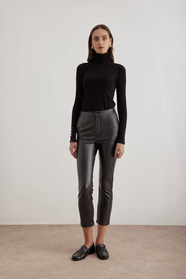 Siyah Suni Deri Pantolon - Aker