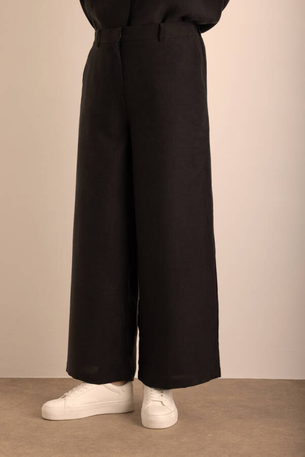 Siyah Beli Lastikli Keten Pantolon - 2