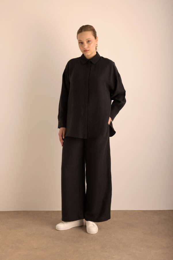 Siyah Beli Lastikli Keten Pantolon - Aker