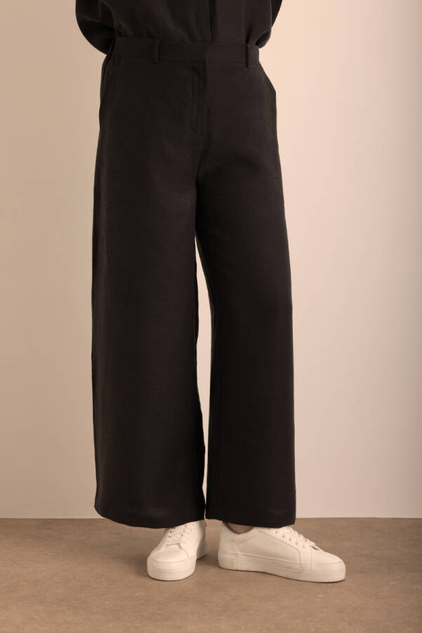 Siyah Beli Lastikli Keten Pantolon - 3
