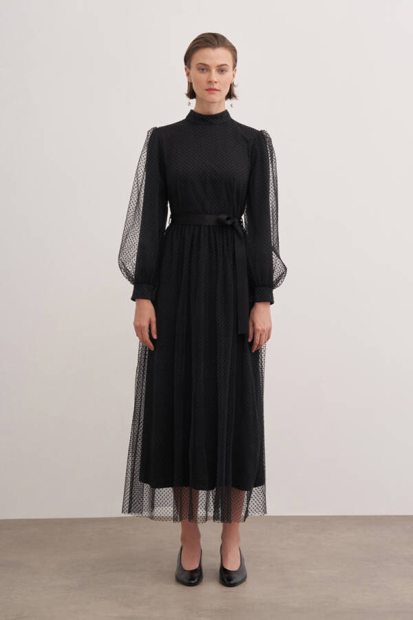 Siyah Balon Tül Detaylı Elbise - Aker