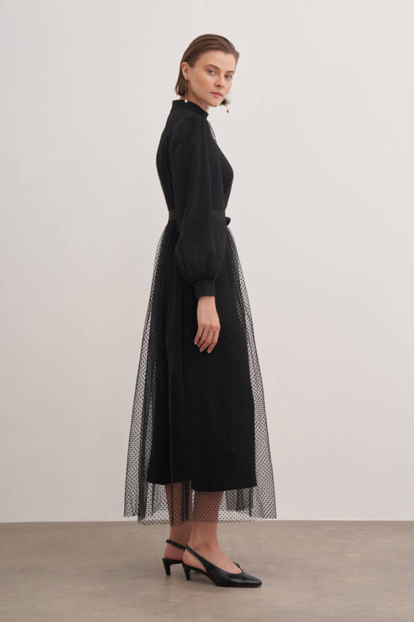 Siyah Balon Tül Detaylı Elbise - Aker (1)