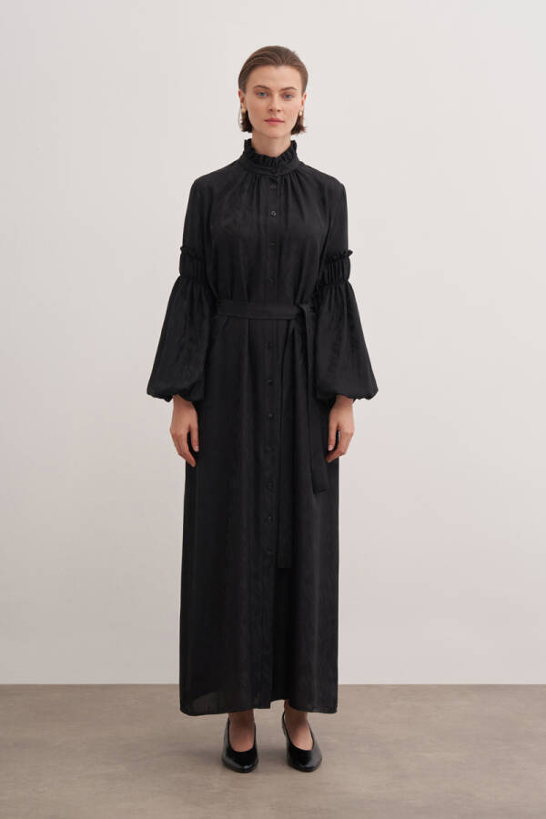 Siyah Kendinden Desenli Balon Kol Elbise - Aker