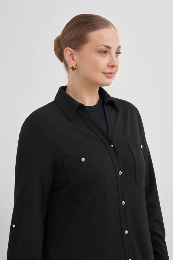 Siyah Apolet Düğme Detaylı Elbise - 3