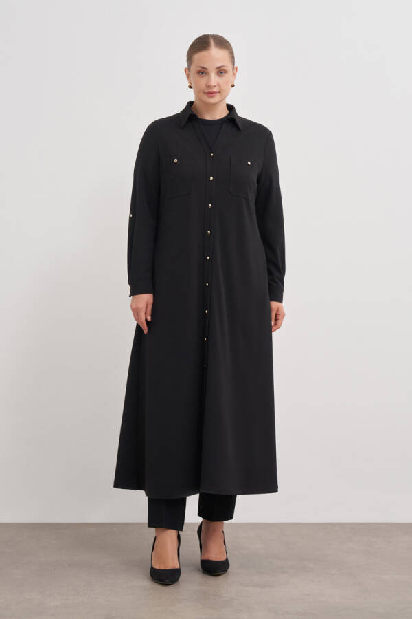 Siyah Apolet Düğme Detaylı Elbise - 4