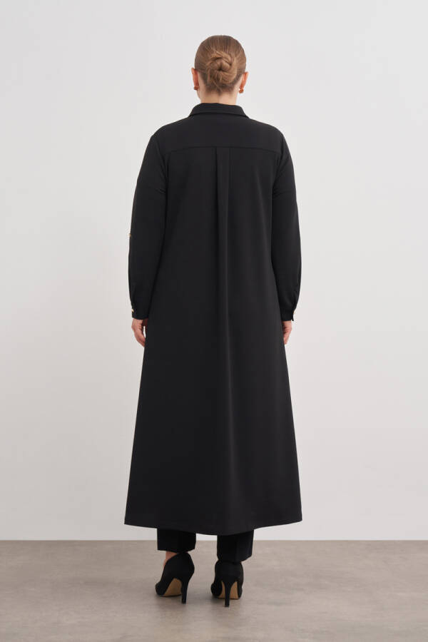 Siyah Apolet Düğme Detaylı Elbise - 5