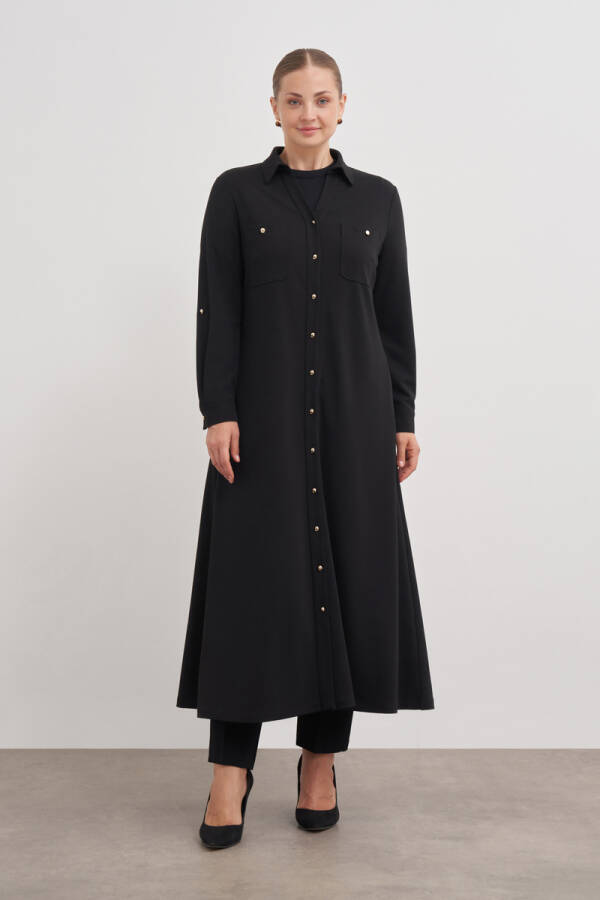 Siyah Apolet Düğme Detaylı Elbise - Aker