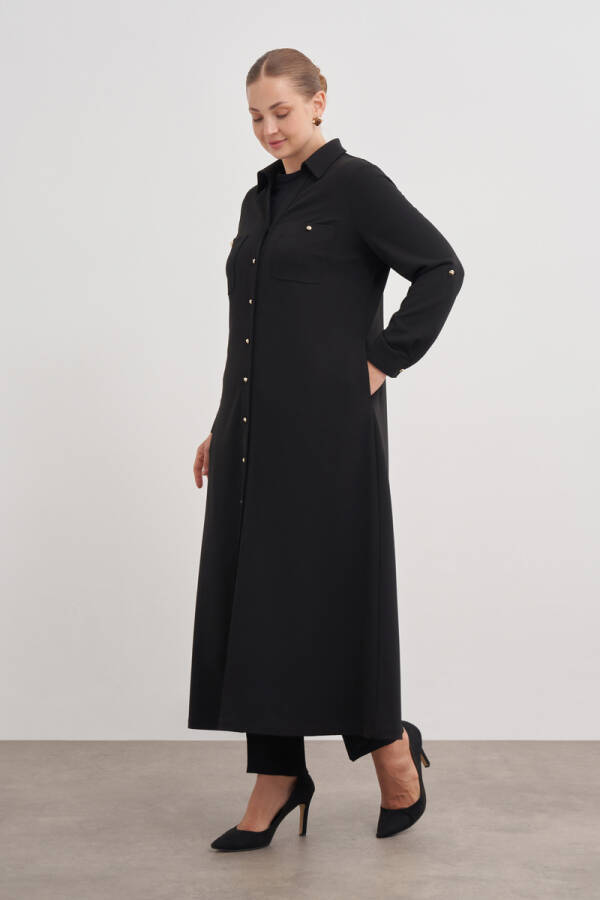 Siyah Apolet Düğme Detaylı Elbise - Aker (1)