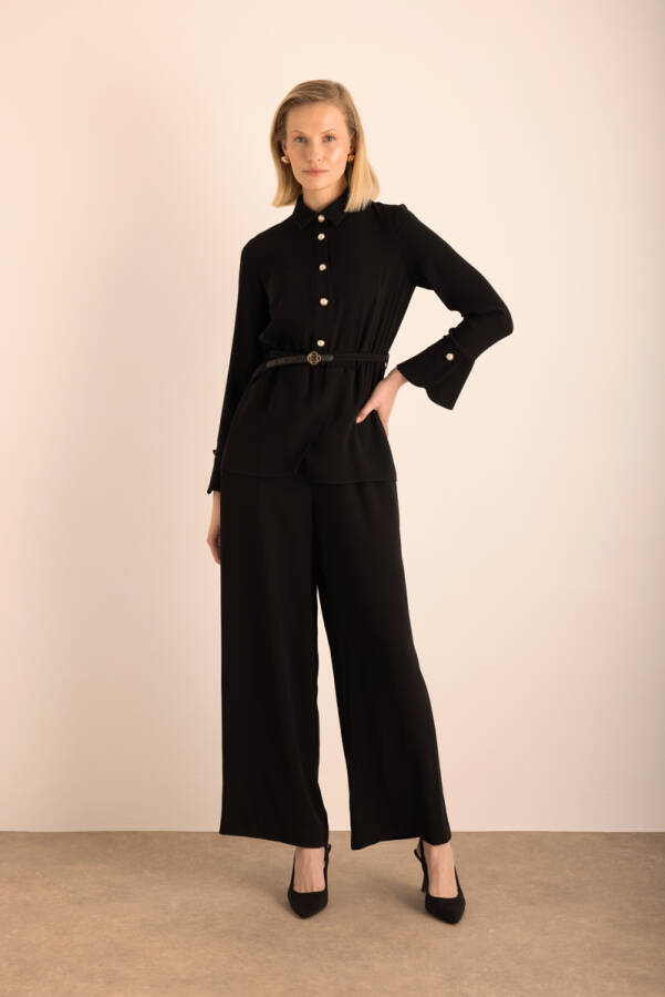 Siyah Seyyar Kemerli Bel Kısmı Anler Parçalı Tulum - Aker