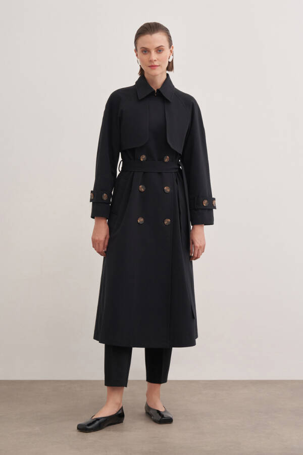 Siyah Çift Rüzgarlıklı Kruvaze Trençkot - Aker