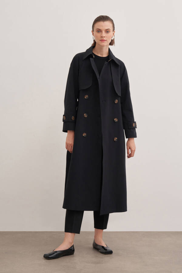 Siyah Çift Rüzgarlıklı Kruvaze Trençkot - Aker (1)