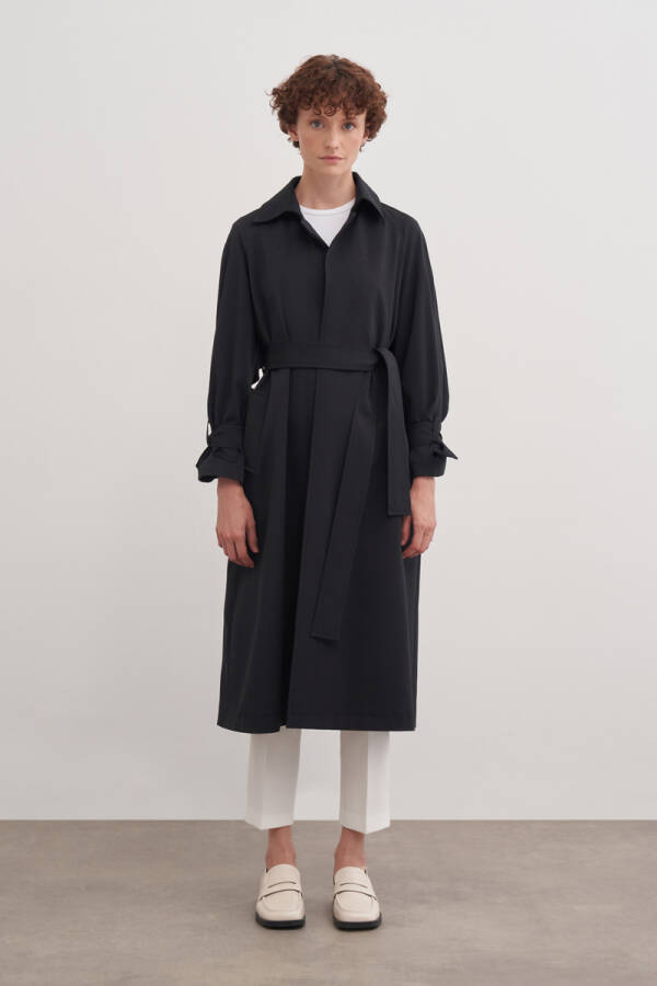 Siyah 7172111 Kolları Apolet Detaylı Trençkot - Aker