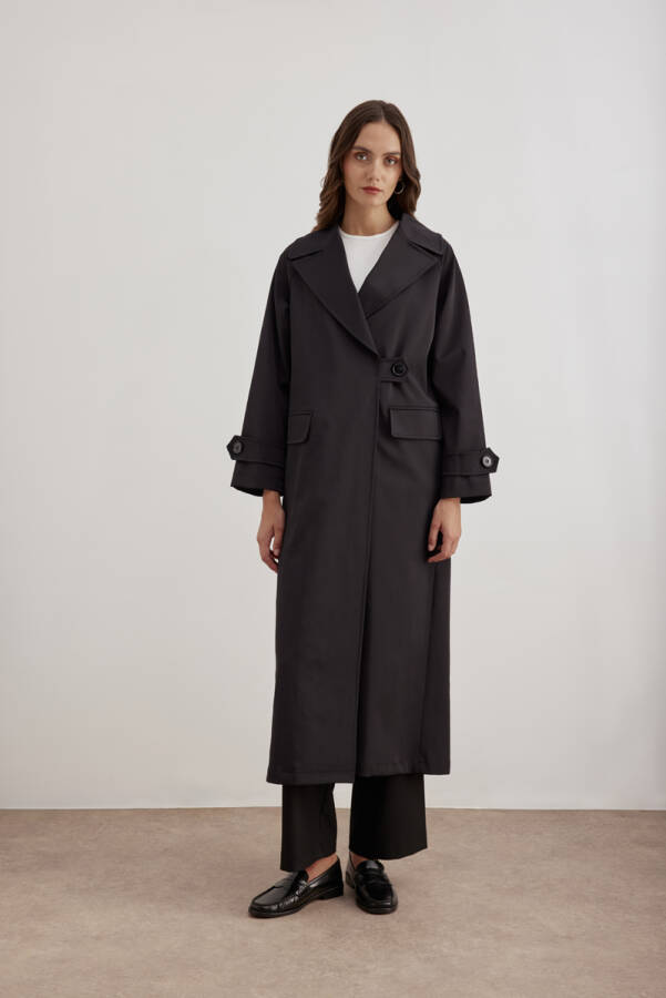 Siyah Tek Düğmeli Pardösü - Aker