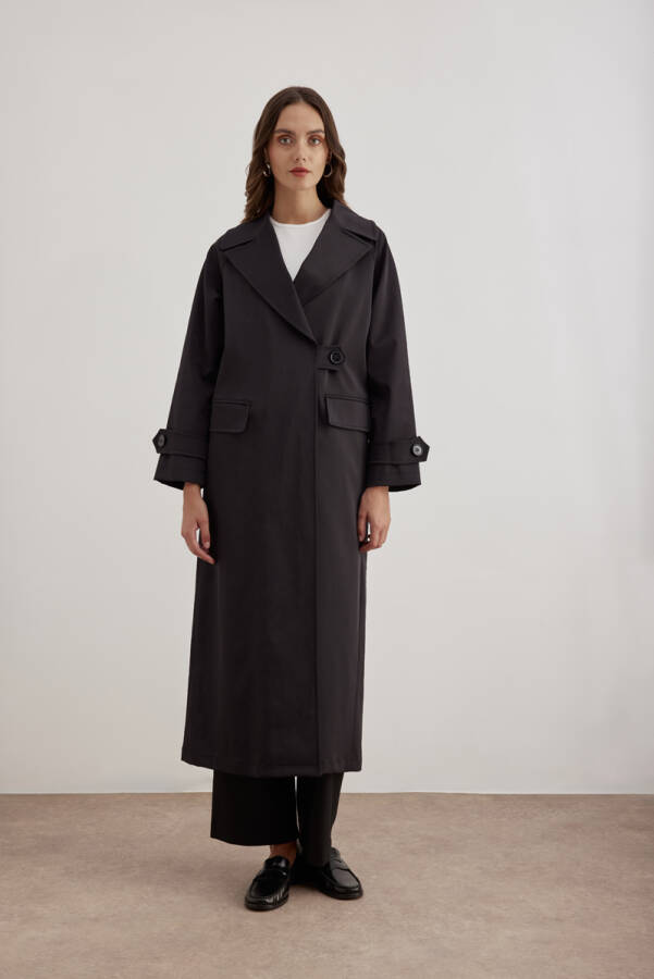 Siyah Tek Düğmeli Pardösü - Aker (1)