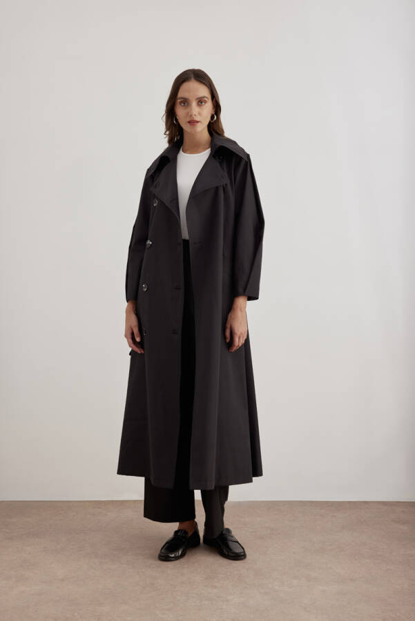 Siyah 7183111 Kemer Detaylı Pardösü - Aker