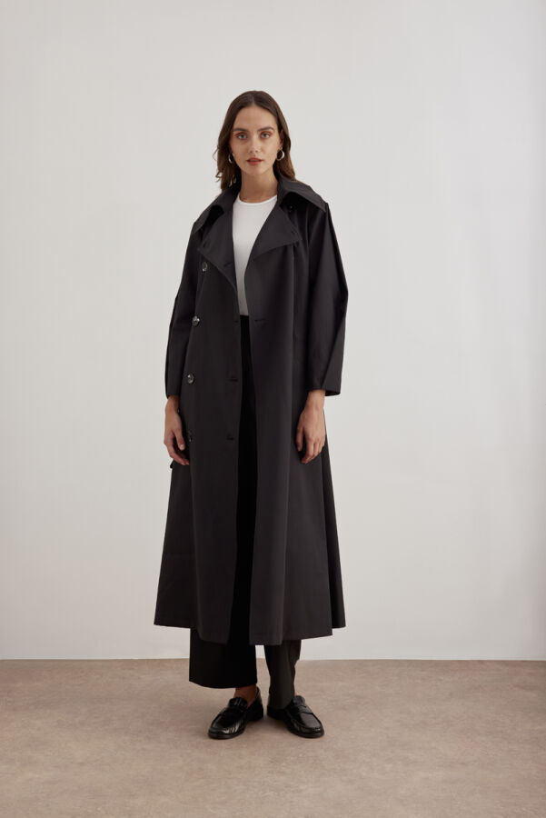 Siyah Kemer Detaylı Pardösü - Aker