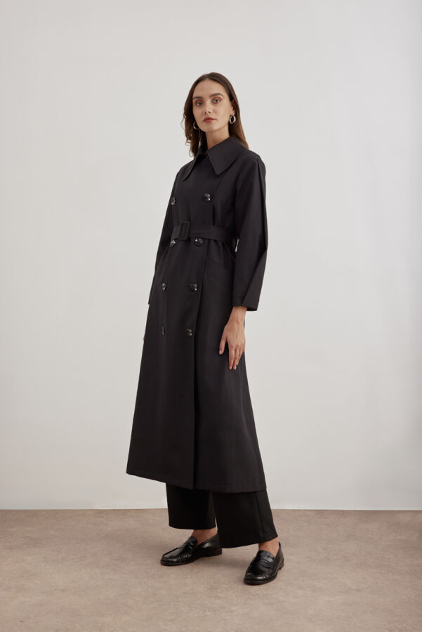 Siyah Kemer Detaylı Pardösü - 5