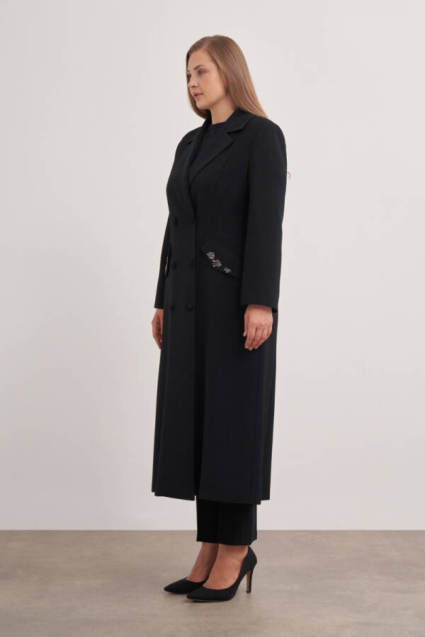 Siyah 7638112 Cep Kapağı İşlemeli Pardösü - 2