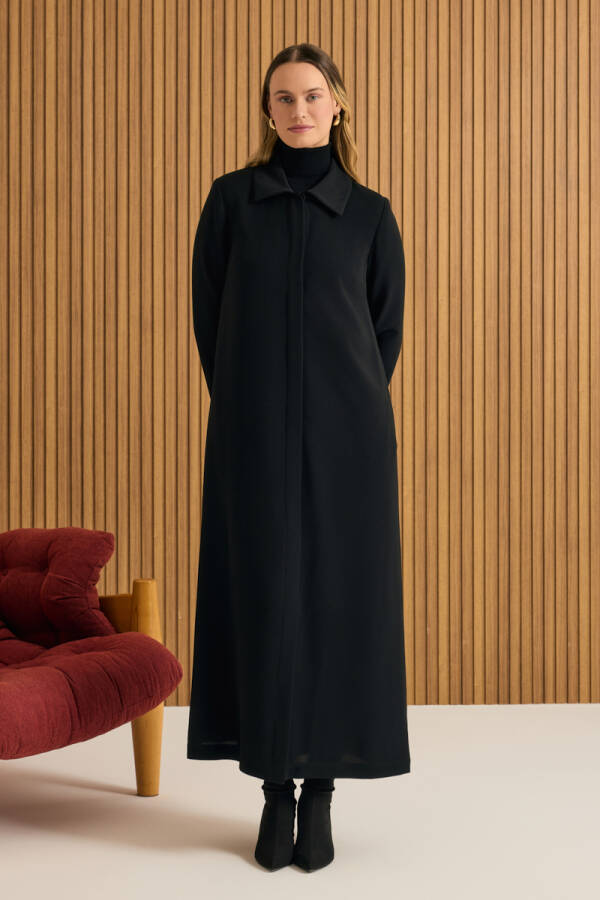 Siyah 7639111 Yaka İşlemeli Pardösü - 2