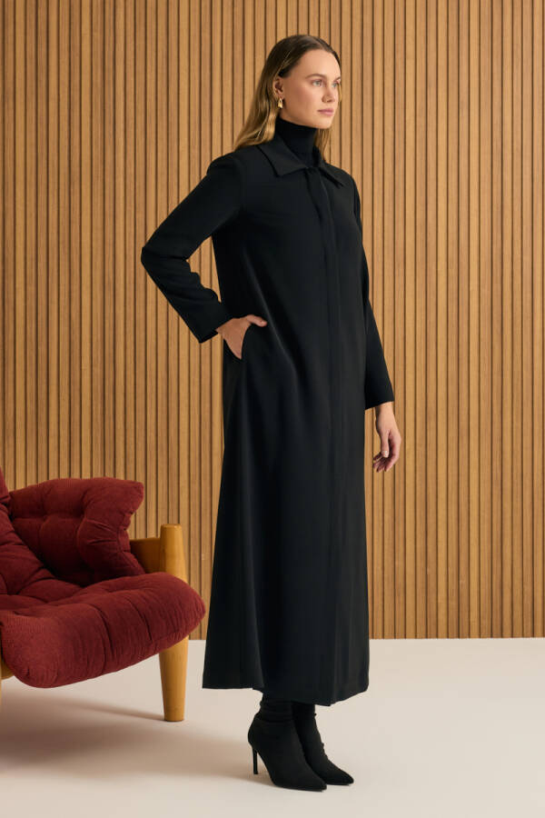 Siyah 7639111 Yaka İşlemeli Pardösü - 5