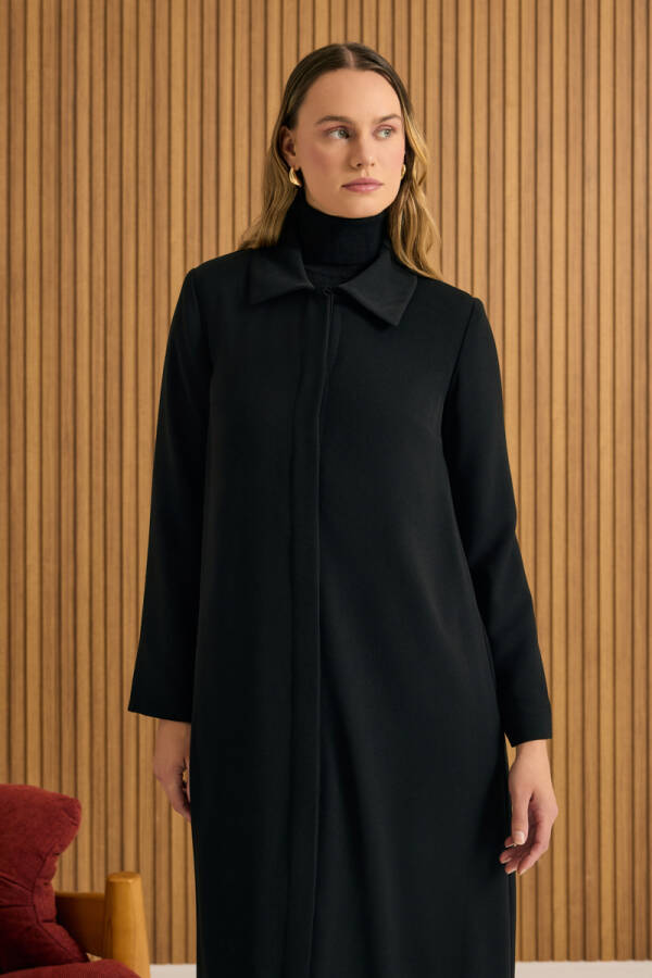 Siyah 7639111 Yaka İşlemeli Pardösü - 3