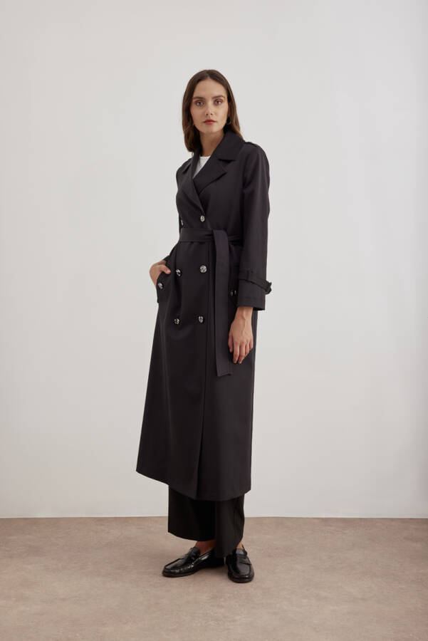 Siyah 7648111 İşleme Detaylı Kruvaze Kapama Trençkot - Aker