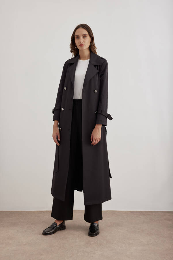 Siyah İşleme Detaylı Kruvaze Kapama Trençkot - 4