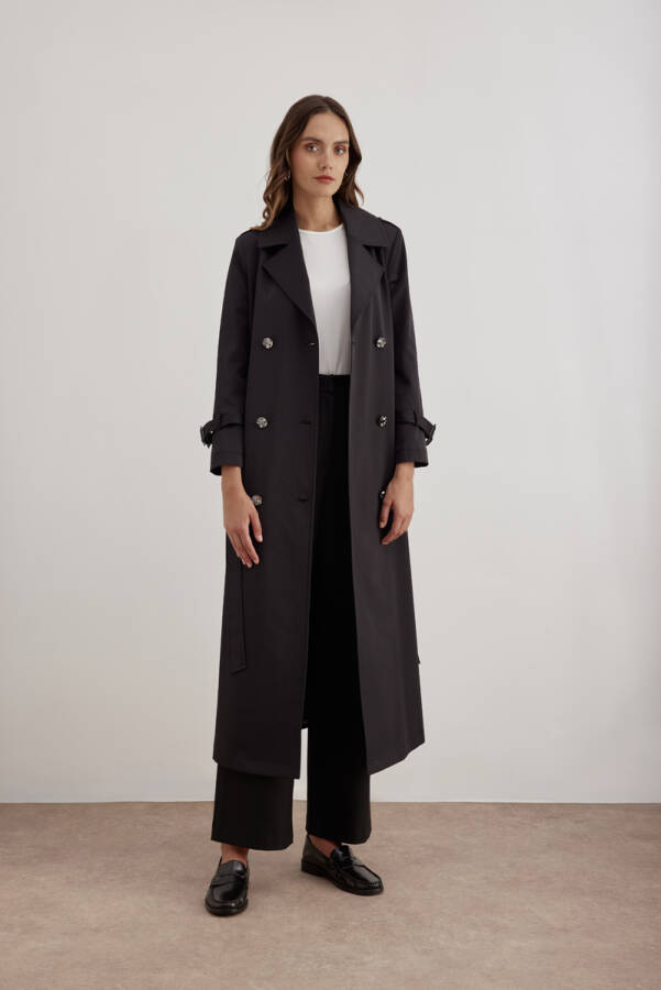 Siyah İşleme Detaylı Kruvaze Kapama Trençkot - 5