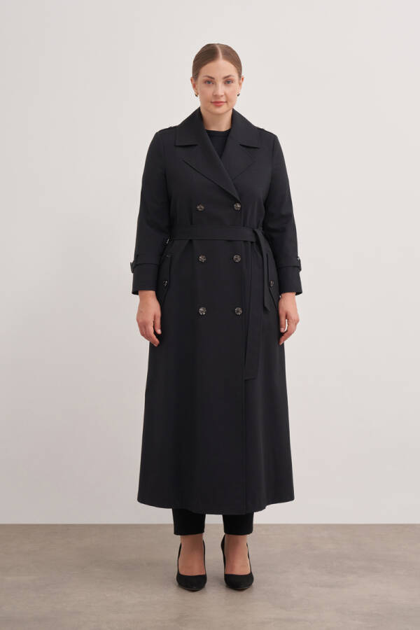 Siyah 7648112 İşleme Detaylı Kruvaze Kapama Trençkot - Aker