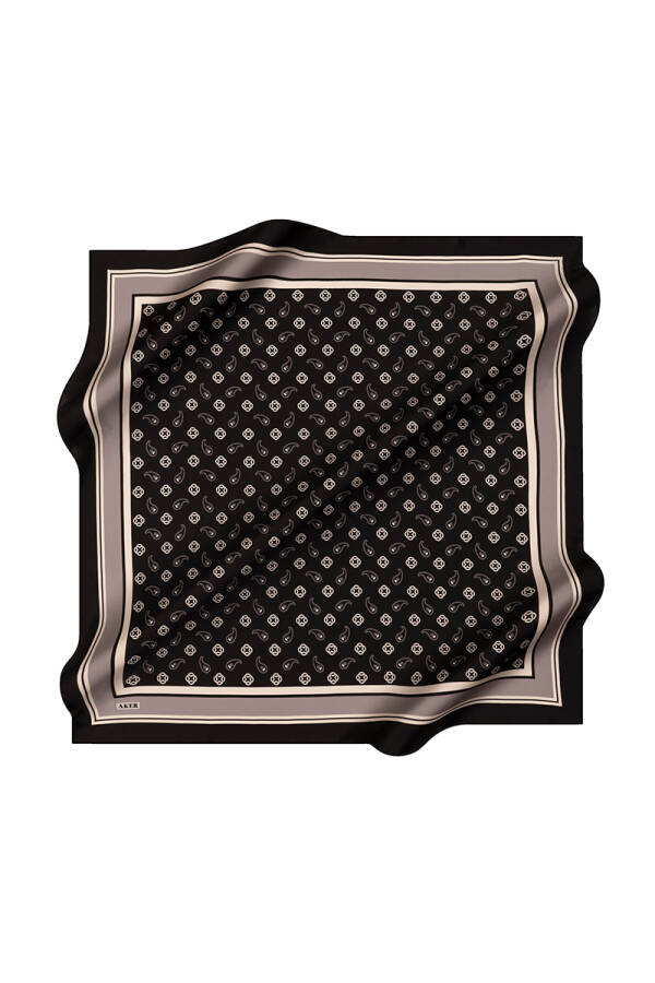 Siyah 90X90 İpek Krep Saten Eşarp - 1