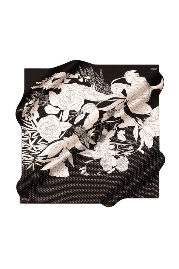 Siyah 90X90 İpek Krep Saten Eşarp - 1