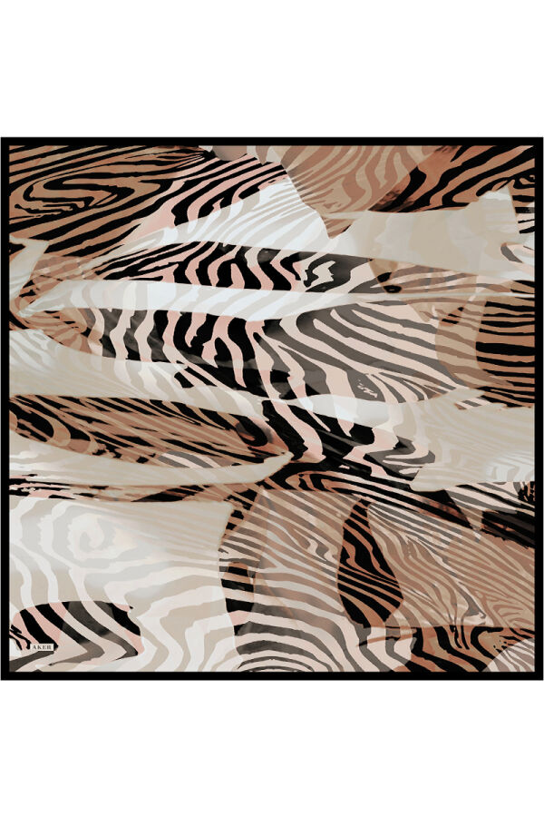 Bej Siyah İpek Tivil Kare Zebra Desenli Eşarp - 1