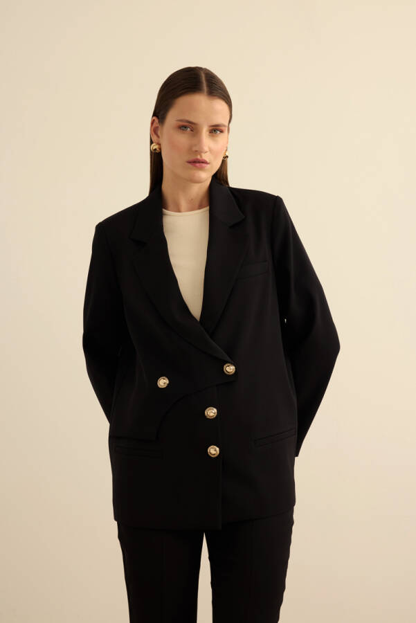 Siyah Anler Parçalı Dokuma Ceket - 5