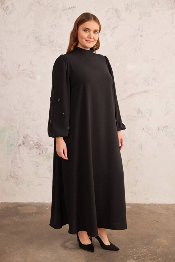 Siyah Balon Kol İşlemeli Abiye Elbise - 1