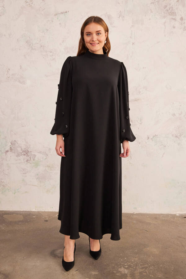 Siyah Balon Kol İşlemeli Abiye Elbise - 2