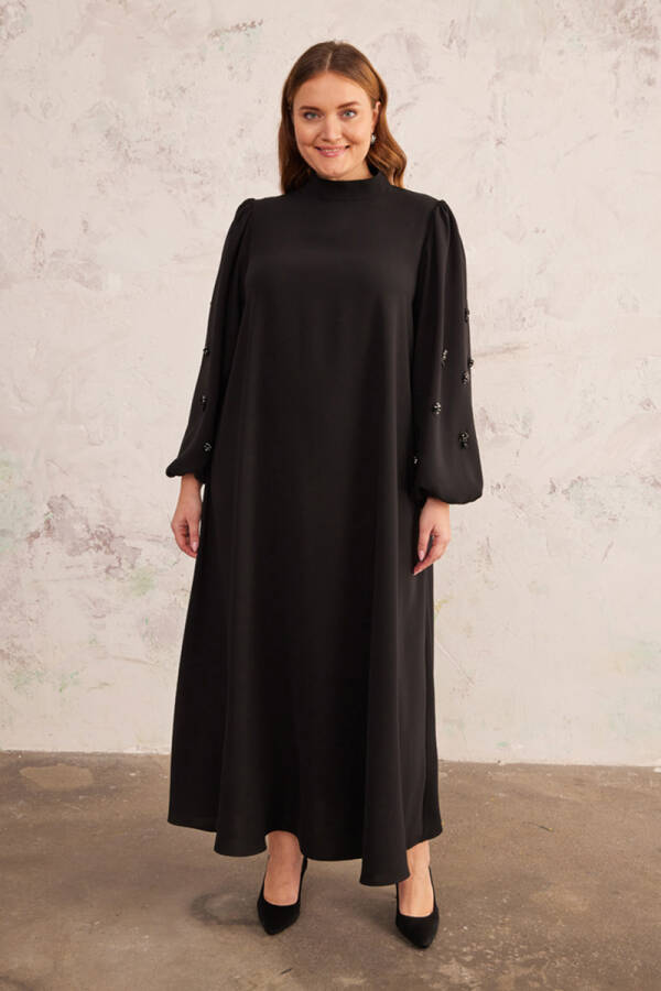 Siyah Balon Kol İşlemeli Abiye Elbise - 3